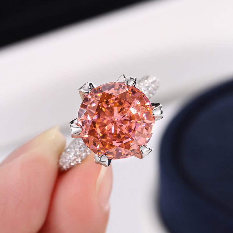 DEM37 S925 Silver Padparadscha High Carbon cz Round Radiant Cut Closed Ring Female Main Stone 12MM