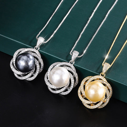 Copper plated gold new inlaid Aubel pearl lace temperament crystal inlaid pendant necklace for woman jewelry 14mm