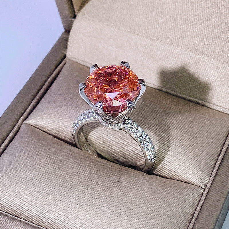 DEM37 S925 Silver Padparadscha High Carbon cz Round Radiant Cut Closed Ring Female Main Stone 12MM