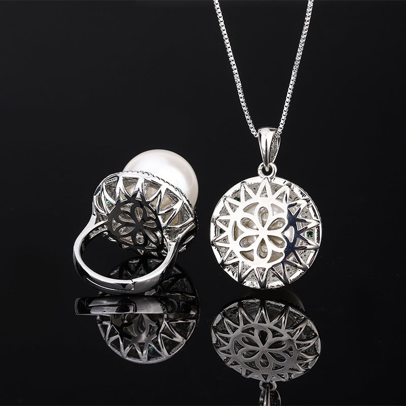 LEM59 2022 New White Bead Separation Cz Round Ring 14mm and Pendant 16mm Ladies  jewelry Set