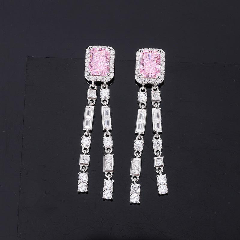 DEM77 New arrive S925 Silver Net Red Anchor Hot Selling High earring CZ Radiant Cut Simulation Color Treasure Earrings Main Stone 6*8