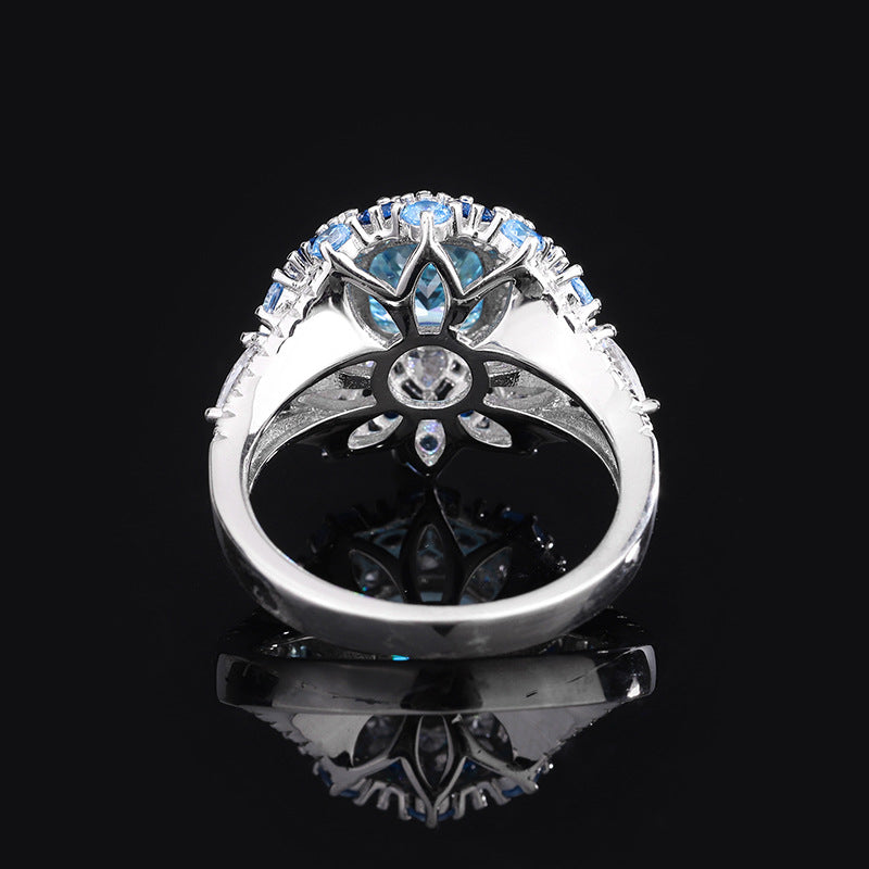 2022 New arrive S925 silver color  aquamarine stamen texture luxury ring main stone 8*8 mm