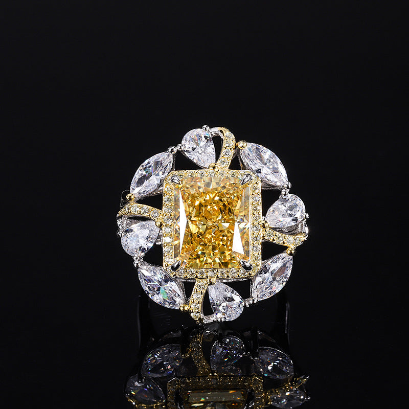 LEM30 S925 Silver Color Treasure High Carbon cz Yellow Diamond Radiant Cut Color Separation Closed Jewelry Ring 10*12