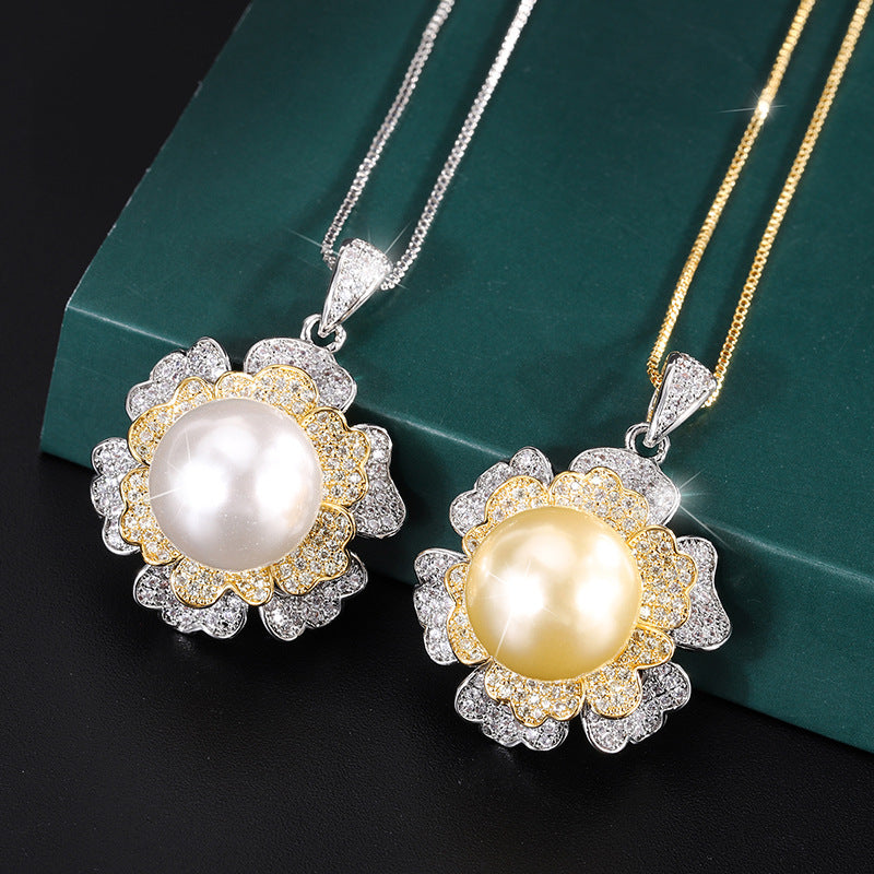 2022 new aubergines Pearl gold-plated dichromatic flower pendant necklace 14mm