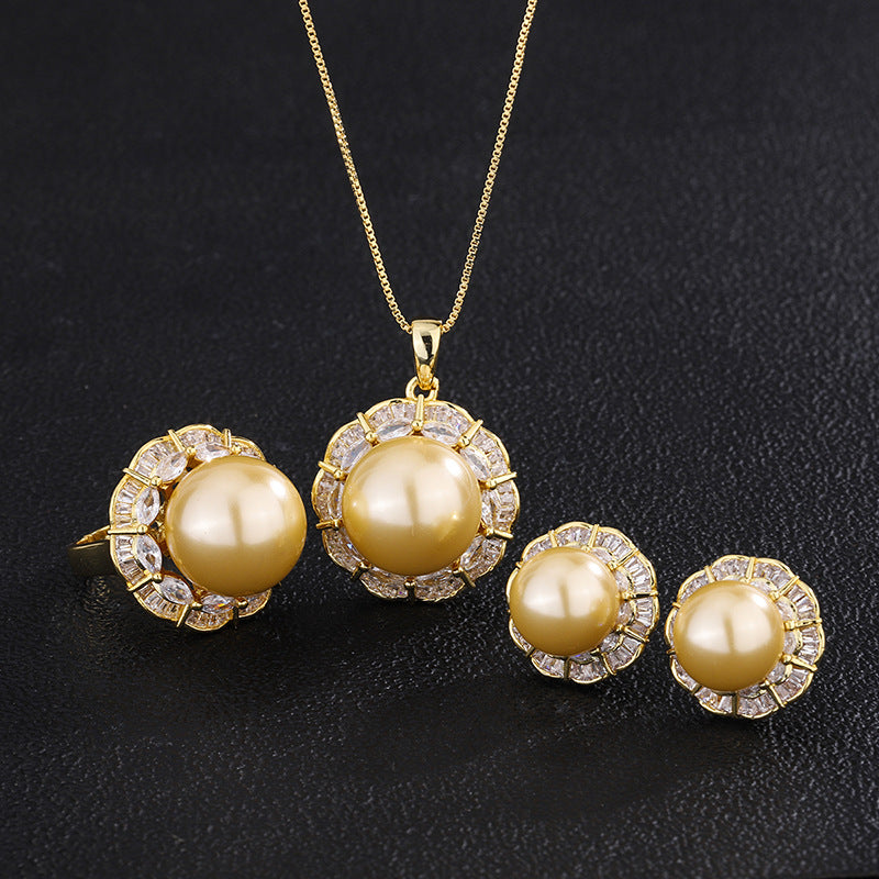 2022 new gold beaded Korean version of the fashionable hand-set diamond ring pendant earrings set 16mm 12mm