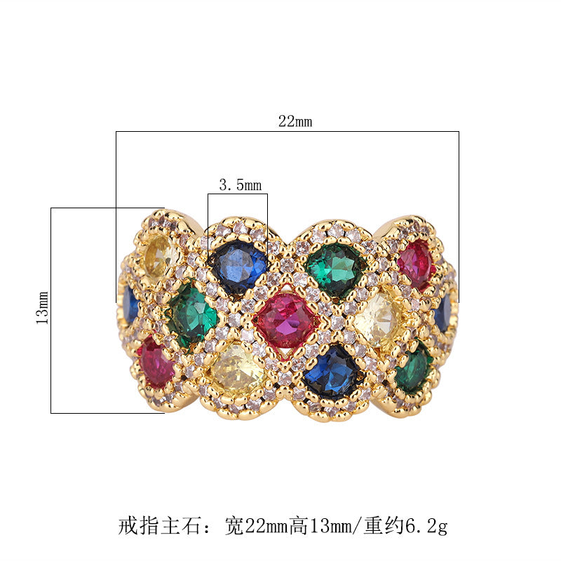 DEM94 NEW Copper bottom gold-plated ring female simulation colorful treasure ring retro style ring shining diamond ladies row ring