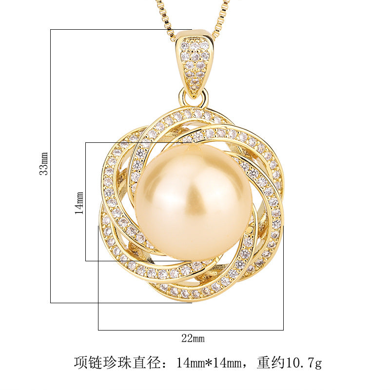 Copper plated gold new inlaid Aubel pearl lace temperament crystal inlaid pendant necklace for woman jewelry 14mm