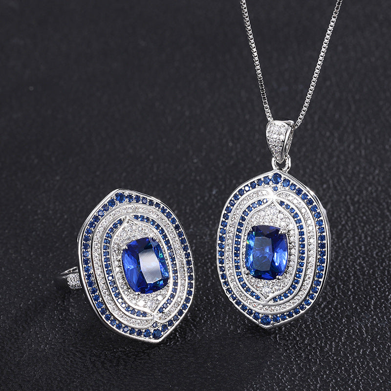 2022 New Popular retro style ring sapphire two-color stone CZ pendant ring and earring set master for woman jeewlry 8*10