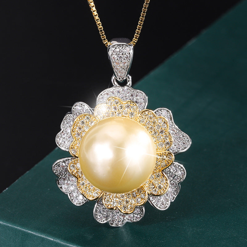 2022 new aubergines Pearl gold-plated dichromatic flower pendant necklace 14mm