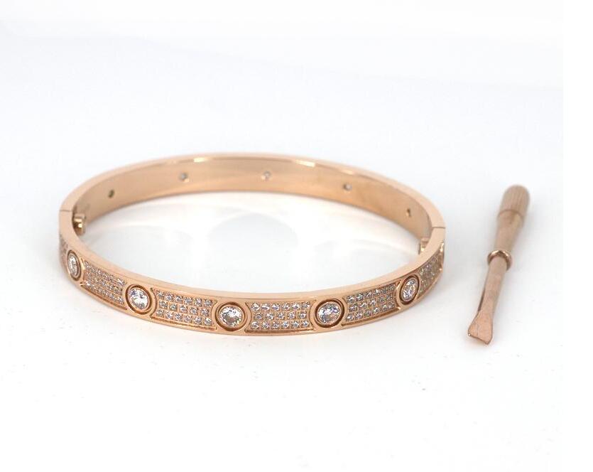 Titanium steel Men women  bracelets with full CZ diamond silver rose gold bangle Bracelet for lovers with dust bag