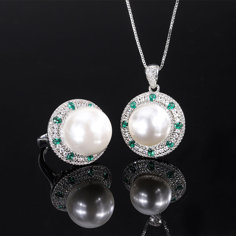 LEM59 2022 New White Bead Separation Cz Round Ring 14mm and Pendant 16mm Ladies  jewelry Set