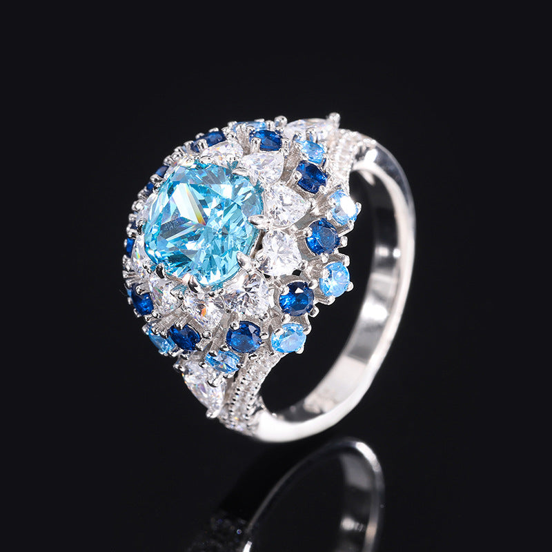 2022 New arrive S925 silver color  aquamarine stamen texture luxury ring main stone 8*8 mm