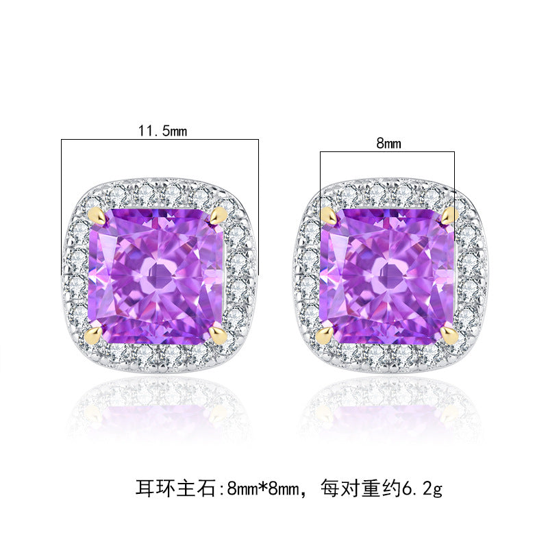 GEM11 S925 silver high carbon CZ Yellow color treasure color small square earrings retro simple women's earrings 8*8