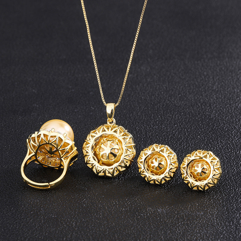 2022 new gold beaded Korean version of the fashionable hand-set diamond ring pendant earrings set 16mm 12mm