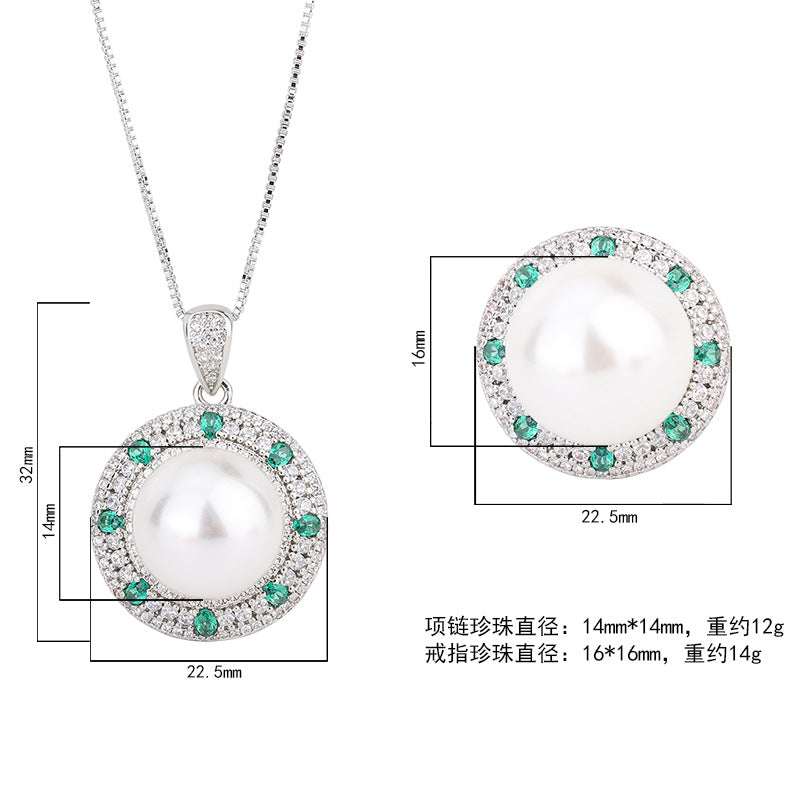 LEM59 2022 New White Bead Separation Cz Round Ring 14mm and Pendant 16mm Ladies  jewelry Set