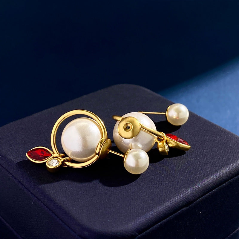 Hot Large and small pearl front and rear hanging earrings Korean temperament hollow ring hanging smart horse eye drill earrings