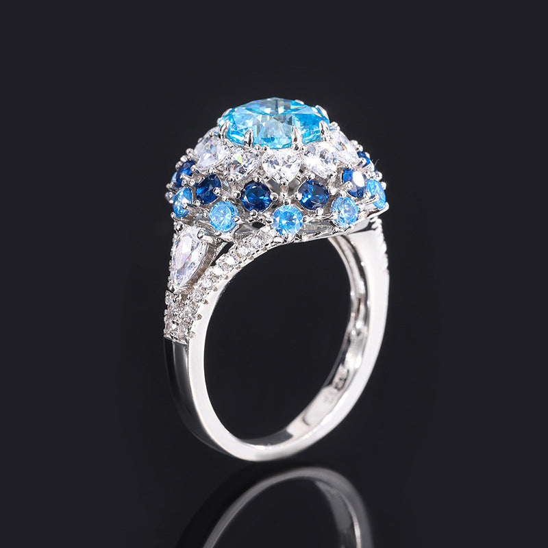 2022 New arrive S925 silver color  aquamarine stamen texture luxury ring main stone 8*8 mm