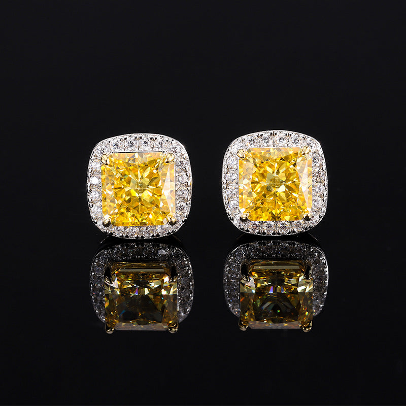 GEM11 S925 silver high carbon CZ Yellow color treasure color small square earrings retro simple women's earrings 8*8