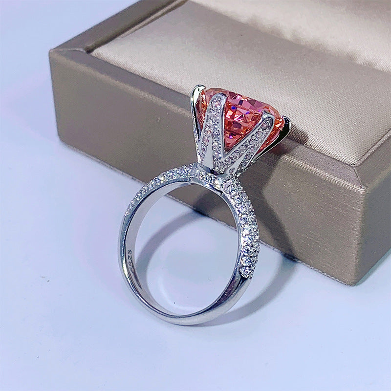 DEM37 S925 Silver Padparadscha High Carbon cz Round Radiant Cut Closed Ring Female Main Stone 12MM