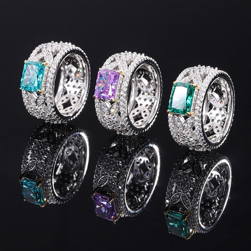 HEM19 New S925 silver ring color treasure high carbon diamond women's high-quality texture 6*8 Hao full diamond row ring female