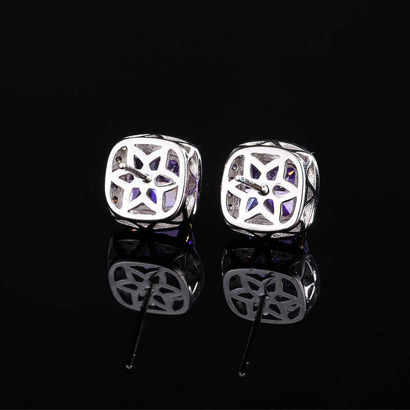 GEM11 S925 silver high carbon CZ Yellow color treasure color small square earrings retro simple women's earrings 8*8