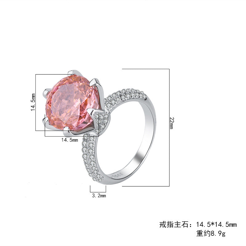 DEM37 S925 Silver Padparadscha High Carbon cz Round Radiant Cut Closed Ring Female Main Stone 12MM