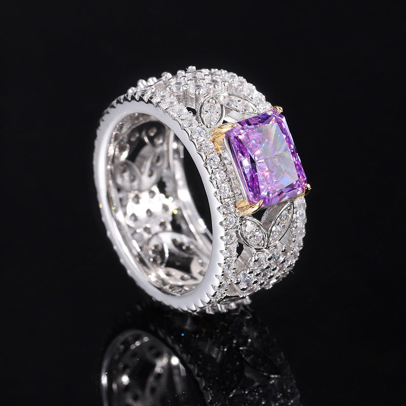 HEM19 New S925 silver ring color treasure high carbon diamond women's high-quality texture 6*8 Hao full diamond row ring female