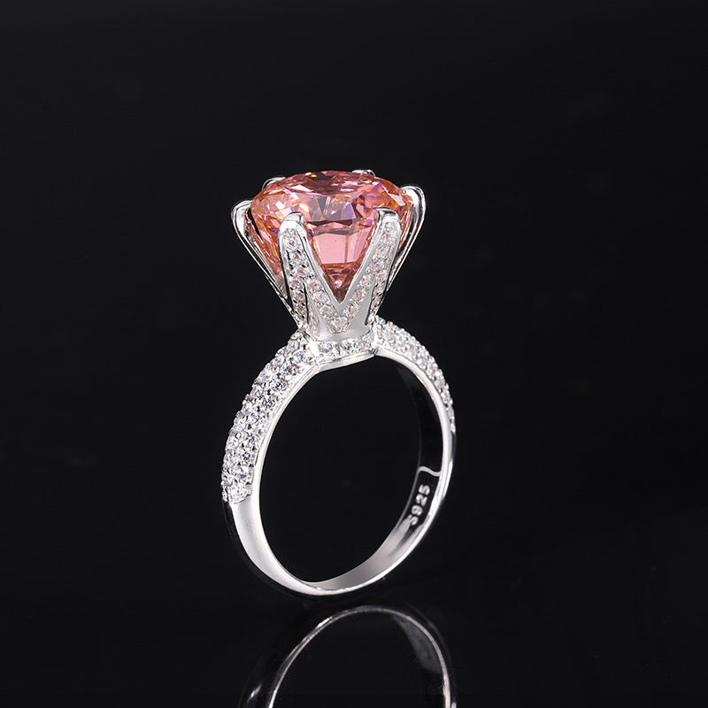 DEM37 S925 Silver Padparadscha High Carbon cz Round Radiant Cut Closed Ring Female Main Stone 12MM