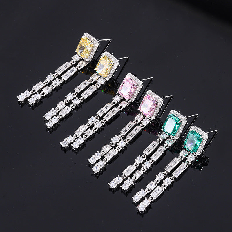 GEM19 New arrive S925 Silver Net Red Anchor Hot Selling High earring CZ Radiant Cut Simulation Color Treasure Earrings Main Stone 6*8