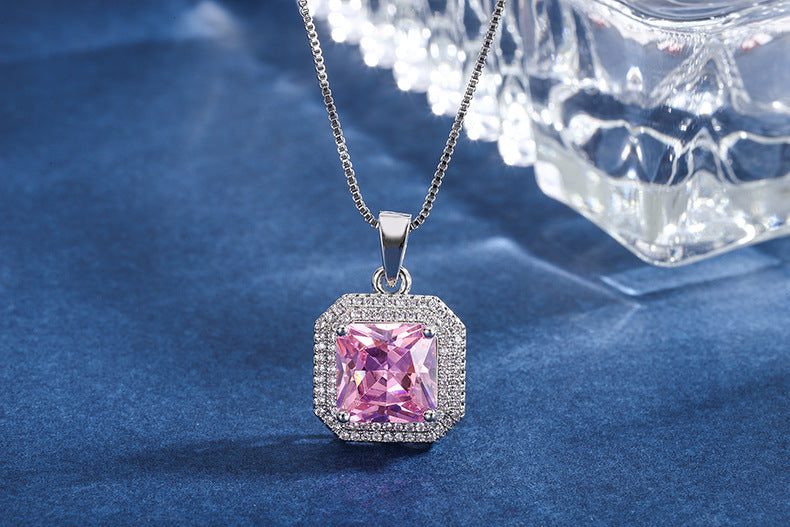 DEM19 Pink color Cz Pendant Earring Necklace Female Color Treasure Set Main Stone 10*10