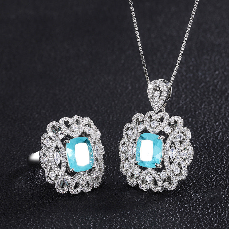 LEM78 Hot new arrive blue color Ring and Necklace Jewelry Set Creative Model Full CZ Inlaid Master 8*10