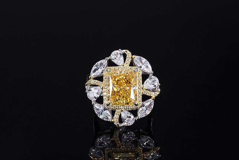 LEM30 S925 Silver Color Treasure High Carbon cz Yellow Diamond Radiant Cut Color Separation Closed Jewelry Ring 10*12