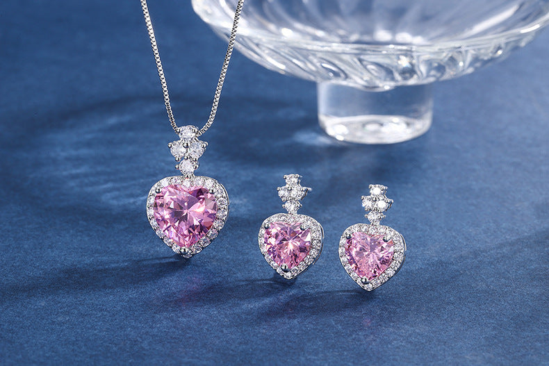 LEM15 Colorful treasures simulation pink CZ jewelry set earrings main stone 8*12 pendant necklace 10*14