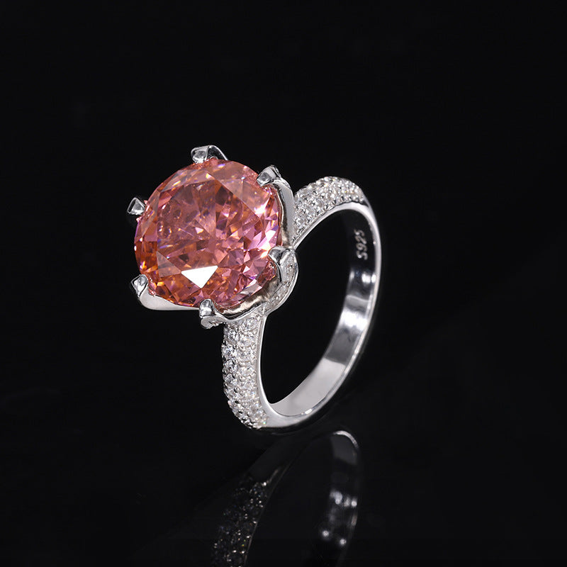 DEM37 S925 Silver Padparadscha High Carbon cz Round Radiant Cut Closed Ring Female Main Stone 12MM