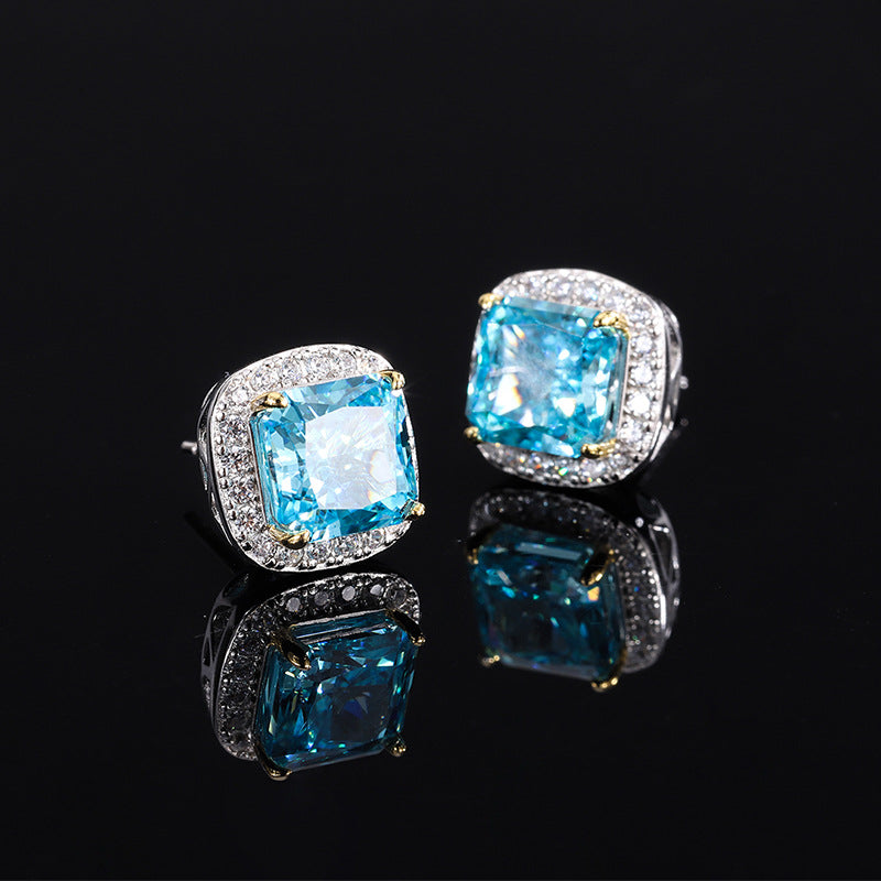 GEM11 S925 silver high carbon CZ Yellow color treasure color small square earrings retro simple women's earrings 8*8