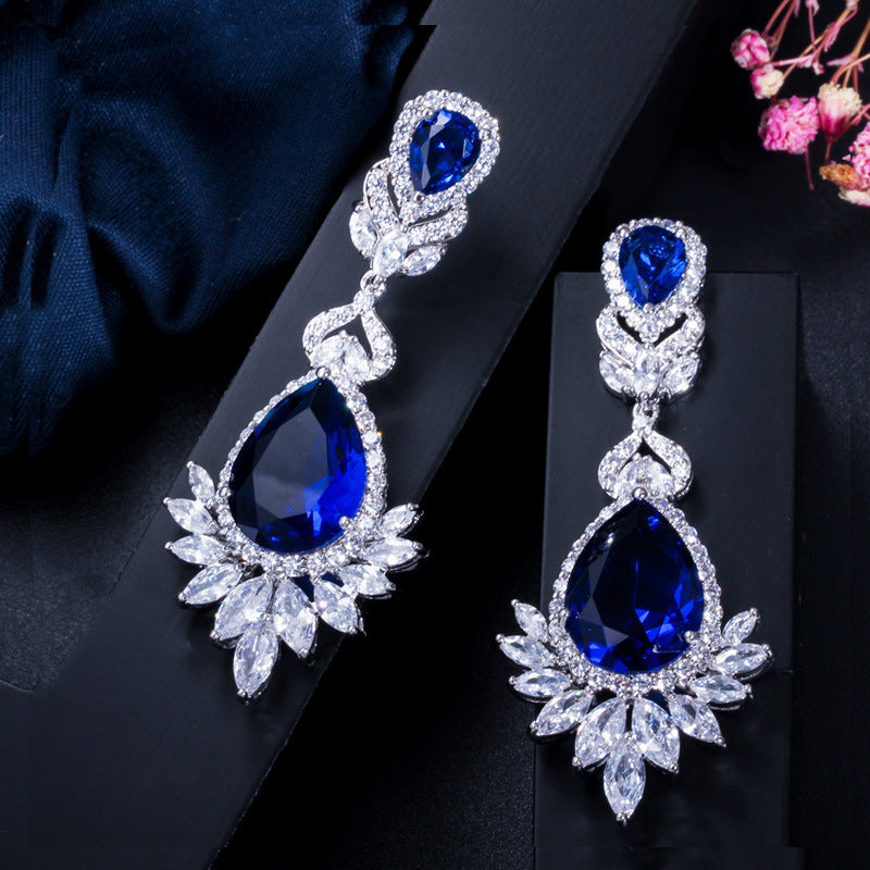 CEM11 Hot Sale Super Flash Micro Water long Earrings Beautiful Lady blue and red white Earrings Earrings Dinner Jewelry