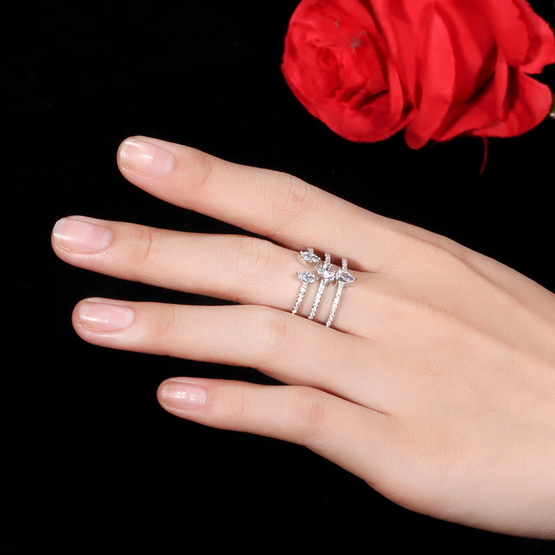 LEM52  New Fashion Three-layer Opening love Ring Super Flash Crystal Ring Sweet Temperament For Women Jewelry gift