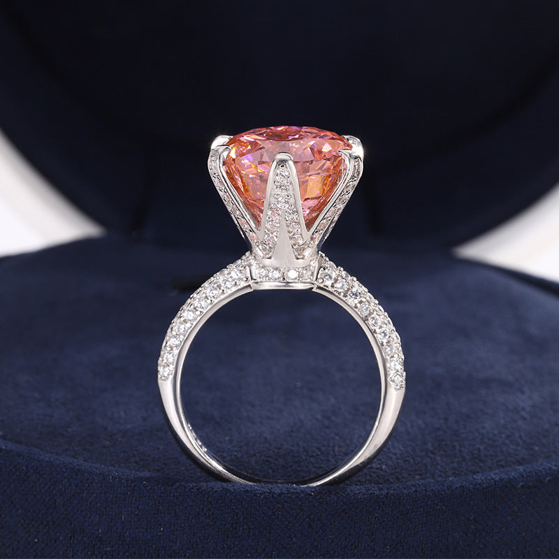 DEM37 S925 Silver Padparadscha High Carbon cz Round Radiant Cut Closed Ring Female Main Stone 12MM