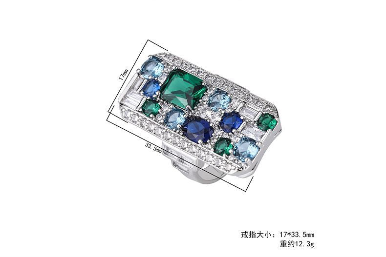 LBB22 New arrive Ring simulation colorful treasure retro style large square color matching stone sparkling diamond ladies ring