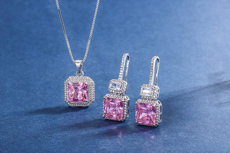 DEM19 Pink color Cz Pendant Earring Necklace Female Color Treasure Set Main Stone 10*10