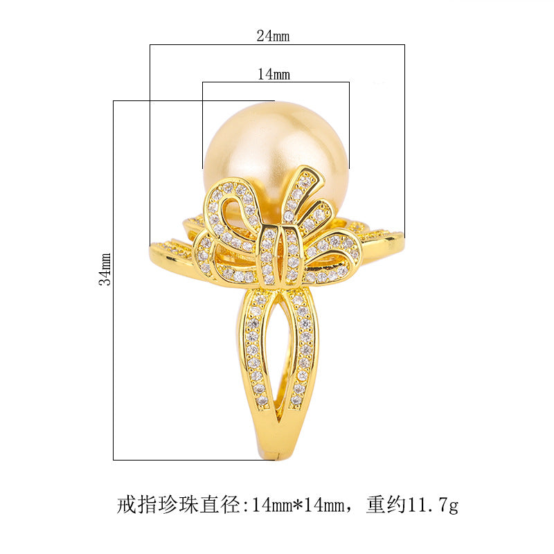 Copper-plated real Copper gold plated shell bead bow geometric crystal inlaid elegant ladies ring 14mm