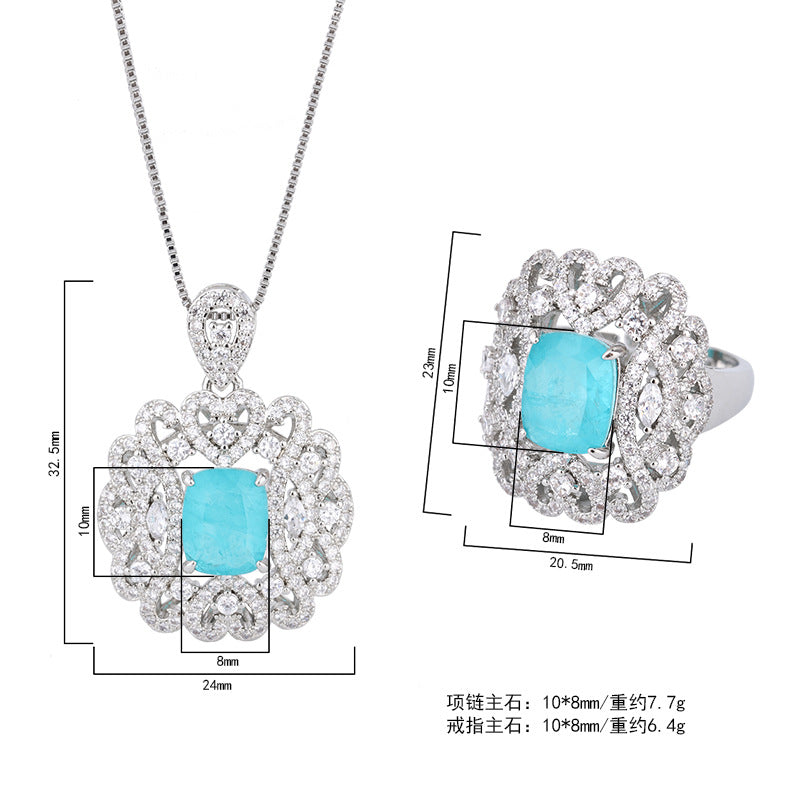 LEM78 Hot new arrive blue color Ring and Necklace Jewelry Set Creative Model Full CZ Inlaid Master 8*10