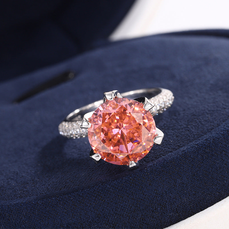 DEM37 S925 Silver Padparadscha High Carbon cz Round Radiant Cut Closed Ring Female Main Stone 12MM