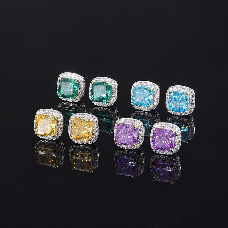 GEM11 S925 silver high carbon CZ Yellow color treasure color small square earrings retro simple women's earrings 8*8