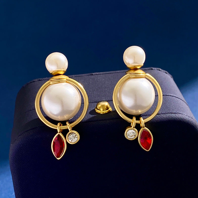 Hot Large and small pearl front and rear hanging earrings Korean temperament hollow ring hanging smart horse eye drill earrings