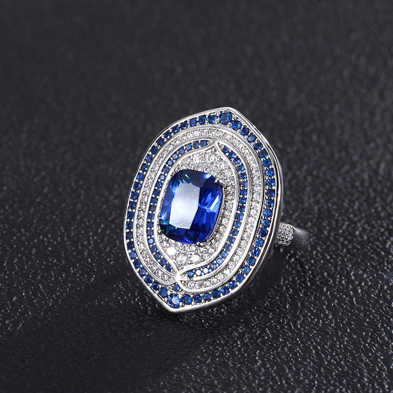 2022 New Popular retro style ring sapphire two-color stone CZ pendant ring and earring set master for woman jeewlry 8*10