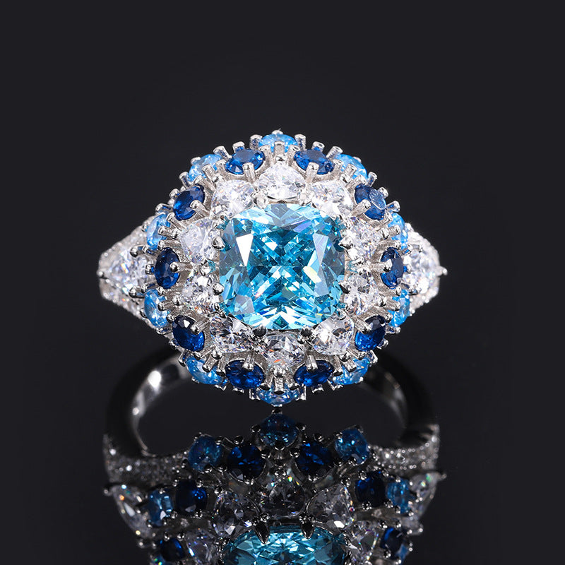 2022 New arrive S925 silver color  aquamarine stamen texture luxury ring main stone 8*8 mm