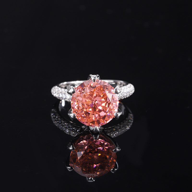 DEM37 S925 Silver Padparadscha High Carbon cz Round Radiant Cut Closed Ring Female Main Stone 12MM