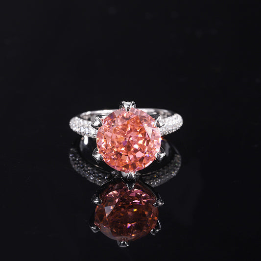 DEM37 S925 Silver Padparadscha High Carbon cz Round Radiant Cut Closed Ring Female Main Stone 12MM