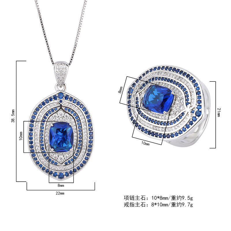 2022 New Popular retro style ring sapphire two-color stone CZ pendant ring and earring set master for woman jeewlry 8*10